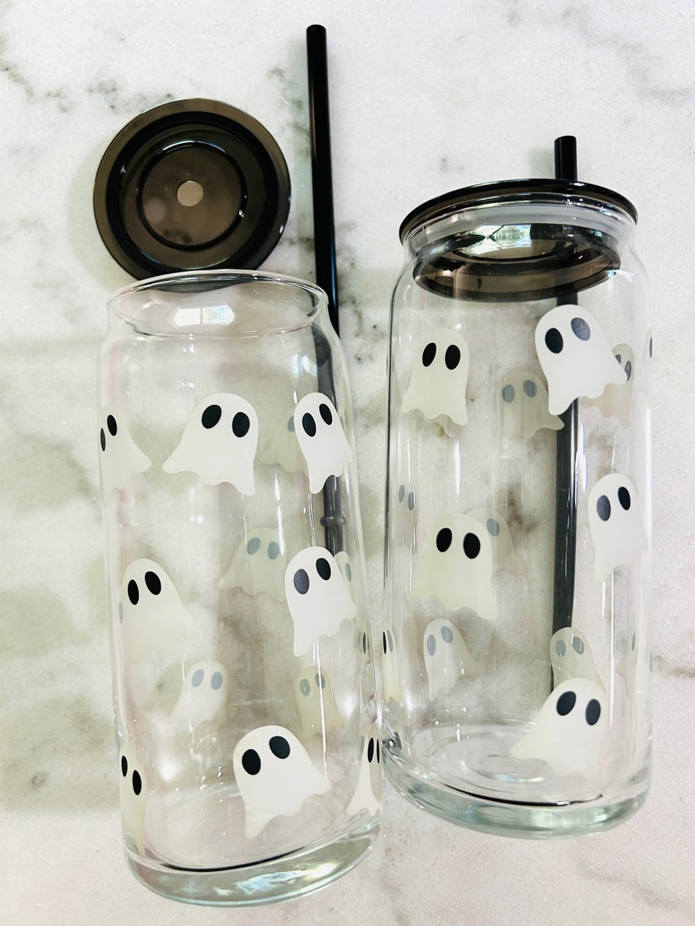 2 Piece Set Glass 20oz Can Sipper Halloween Ghosts Glass Tumblers NEW in Box